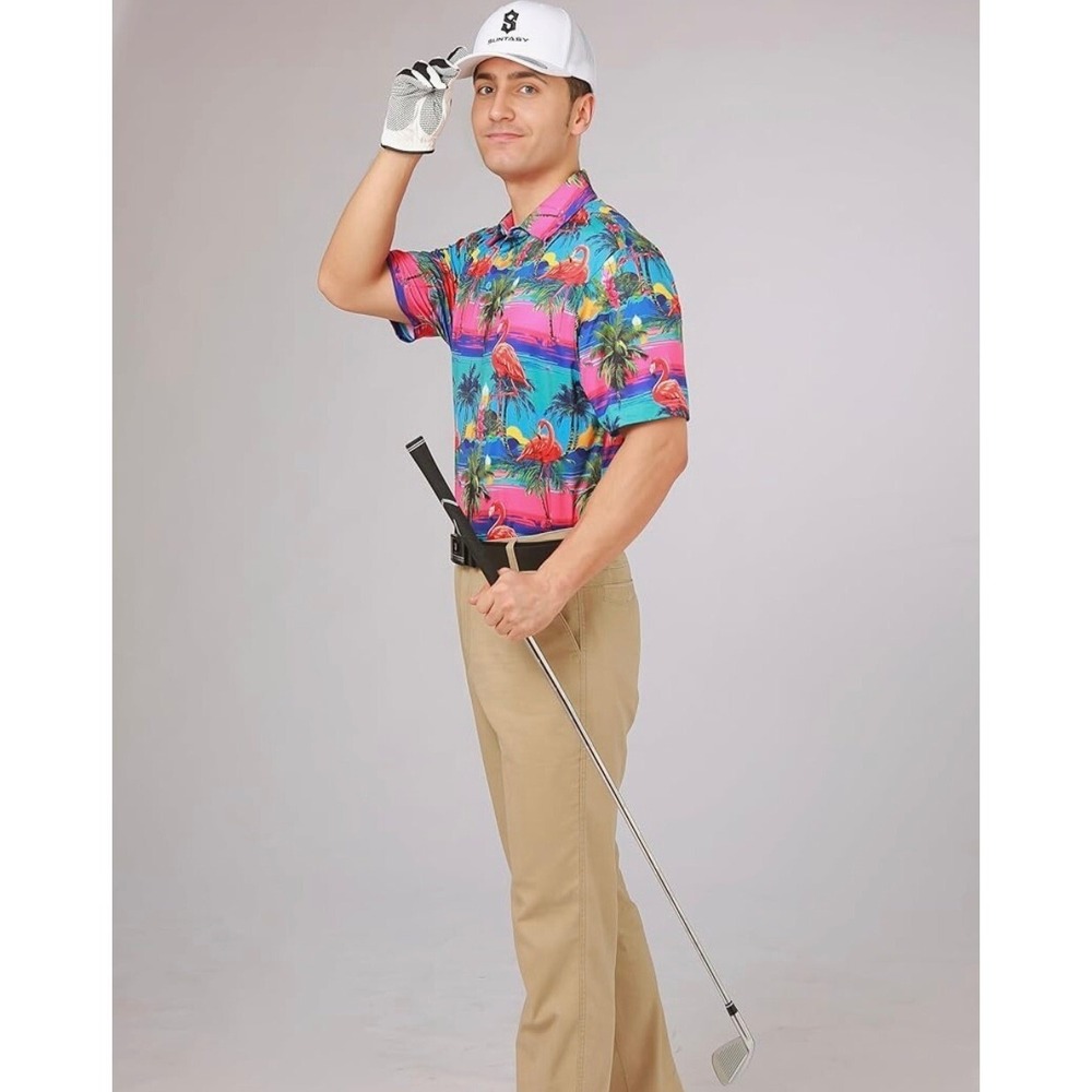 Golf Shirt Flamingo Print UPF‎ 50+ Super Stretchy Breathable Dry Fit